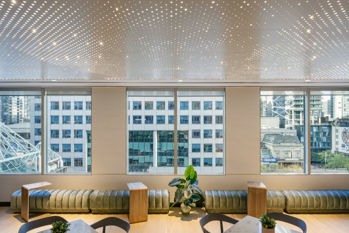 Detailed view of the Agilis backlit ceiling system installed at the Cresa.