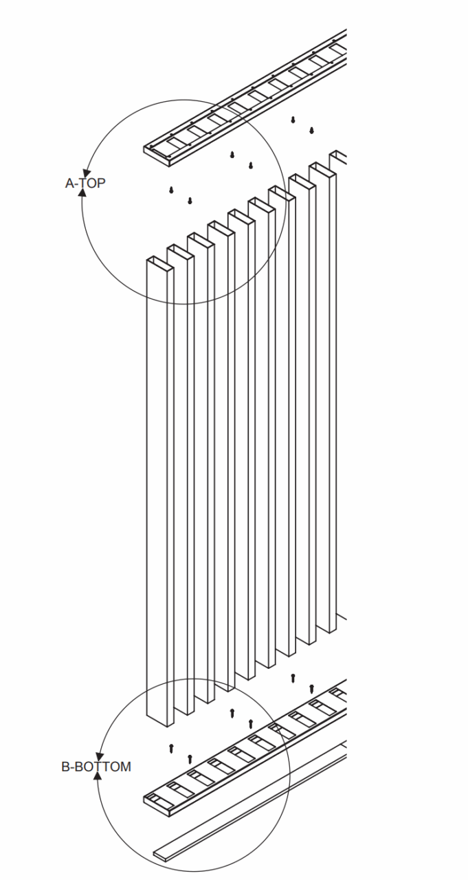 Exploded diagram showing vertical slats aligning with top and bottom rails, labeled A-TOP and B-BOTTOM.