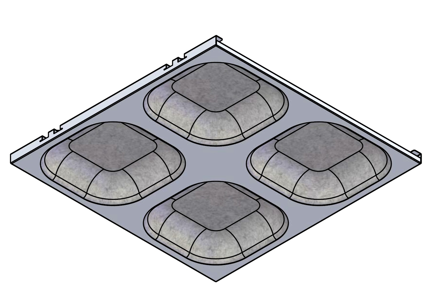 Concave Quad acoustic ceiling tile technical drawing illustrating four modules.