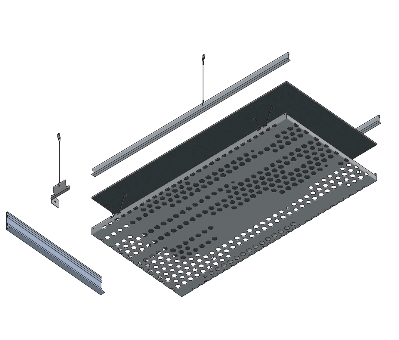 Exploded view of a perforated metal ceiling panel assembly with suspension components.