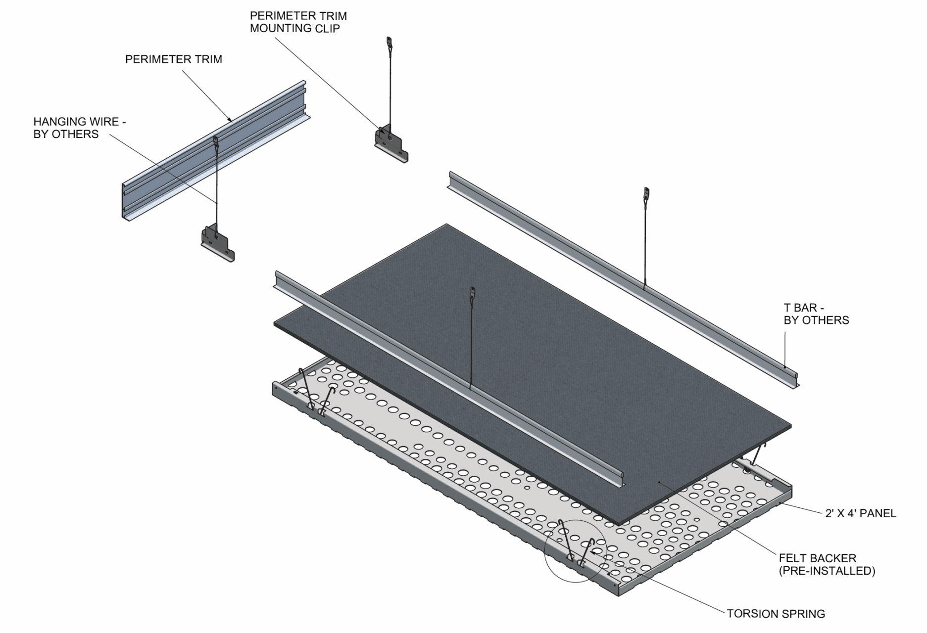 Exploded diagram of ceiling panel installation with labeled components and assembly instructions.