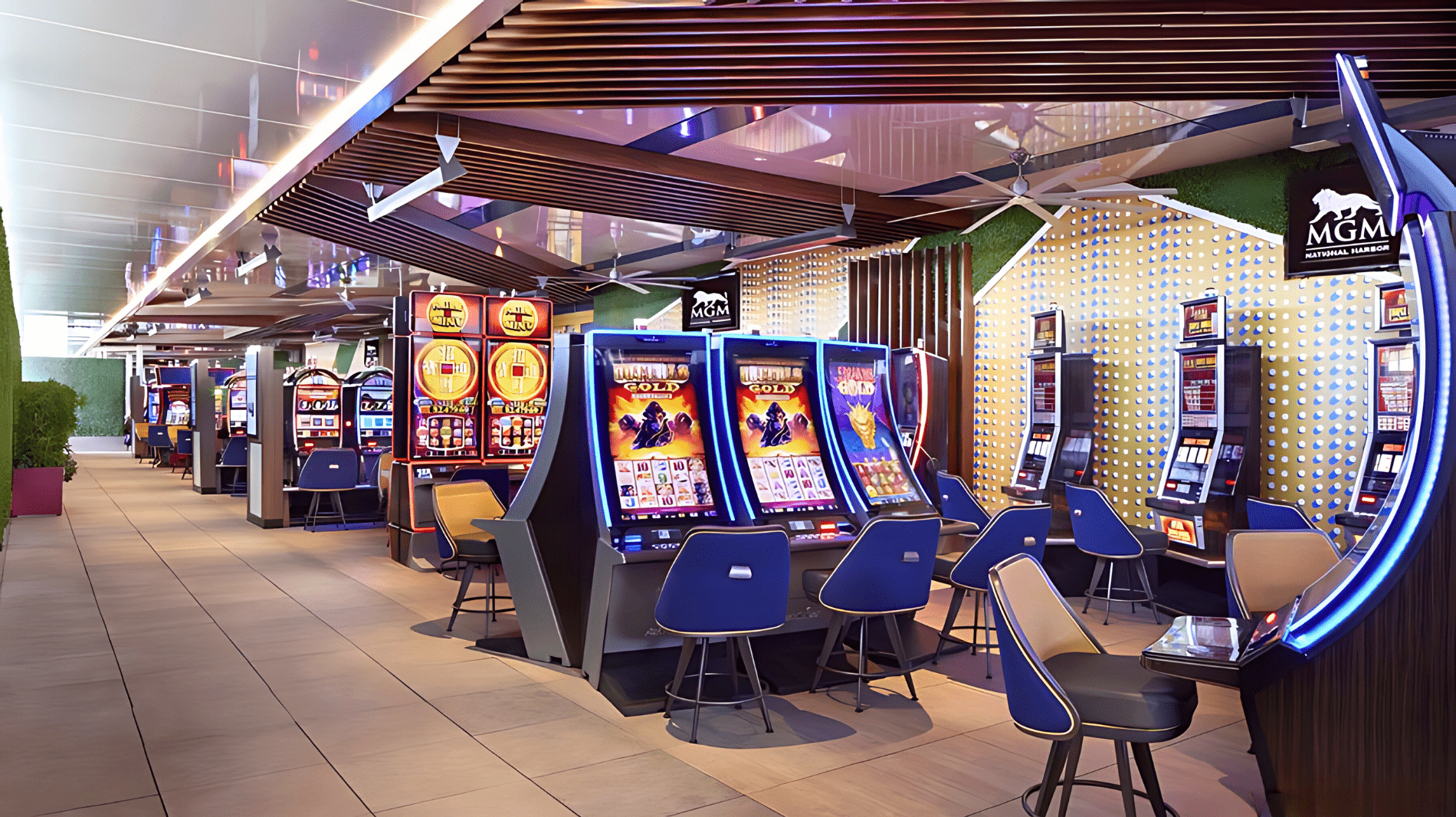 MGM National Harbor gaming terrace featuring Agilis woodgrain baffles and aluminum ceiling panels.
