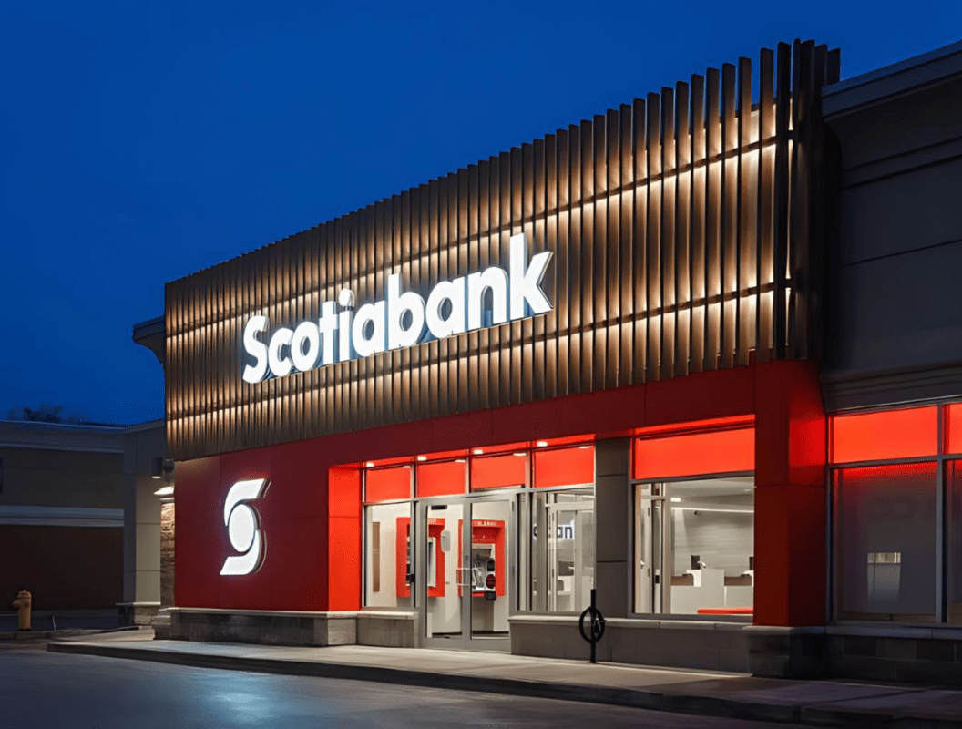 The exterior signage uses LINE:Form Exterior Wall Fins by Maxxit at Scotiabank Steeple Hill in Pickering