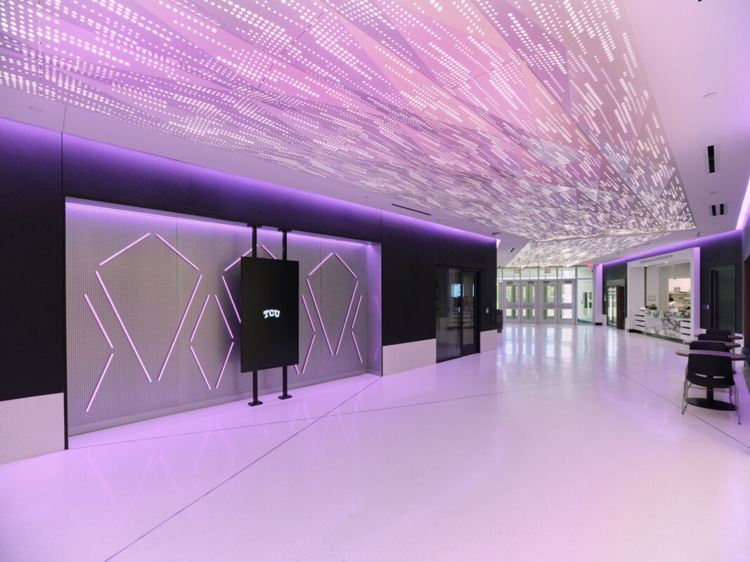 Hallway at TCU using Maxxit's PANEL:Form Meta Ceiling Panels