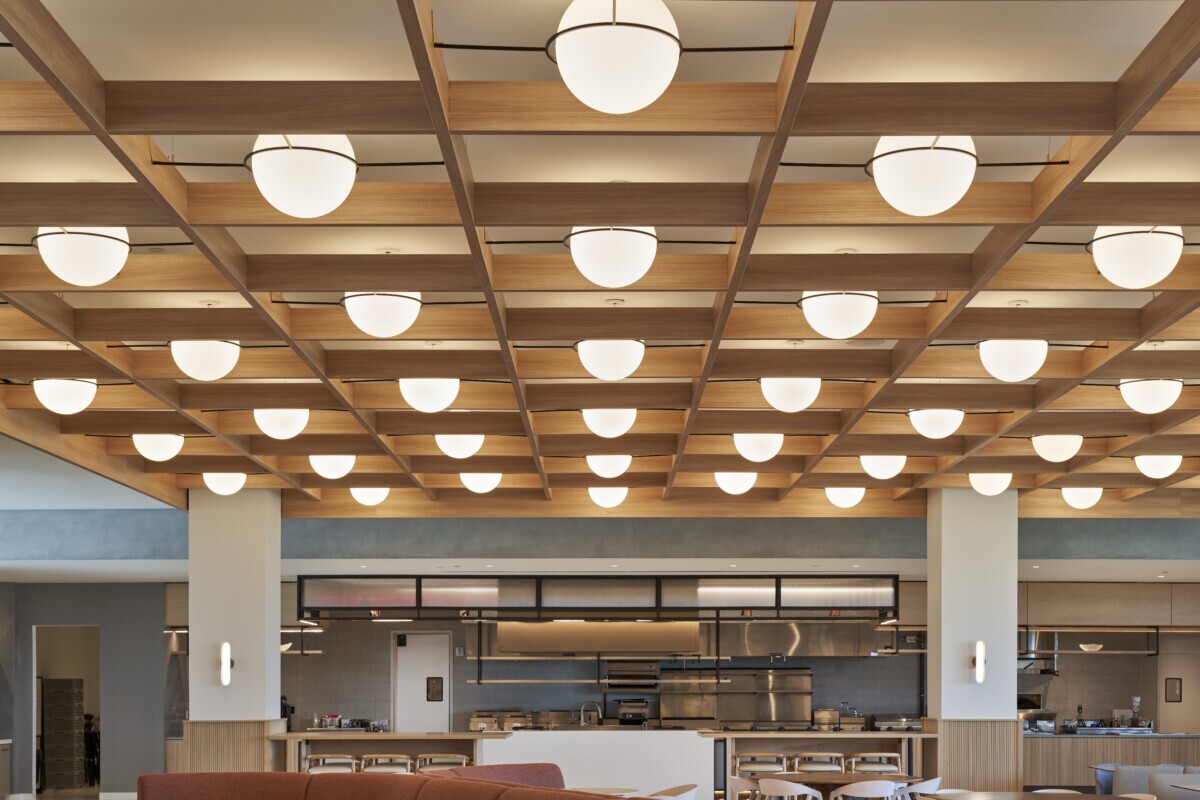 Maxxitt's AERO:form Cube Open Cell Ceiling System with hanging pendant