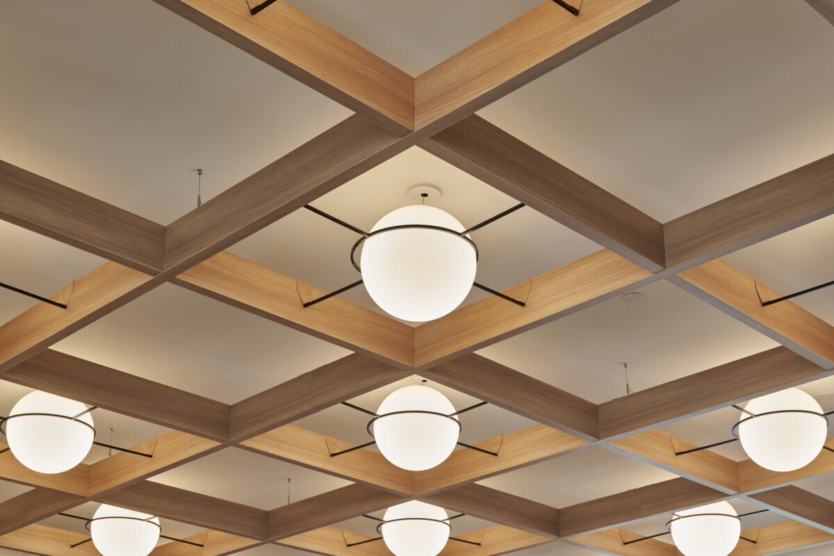 Maxxitt's AERO:form Open Cell Ceiling System with round lights