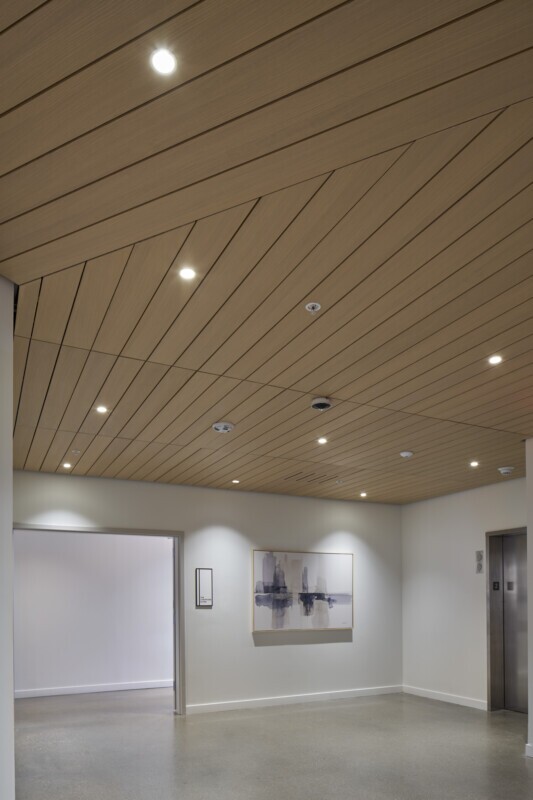 LINE:form linear plank ceilings near elevators at the Lindner Family Tennis Center's Suites area and performance center
