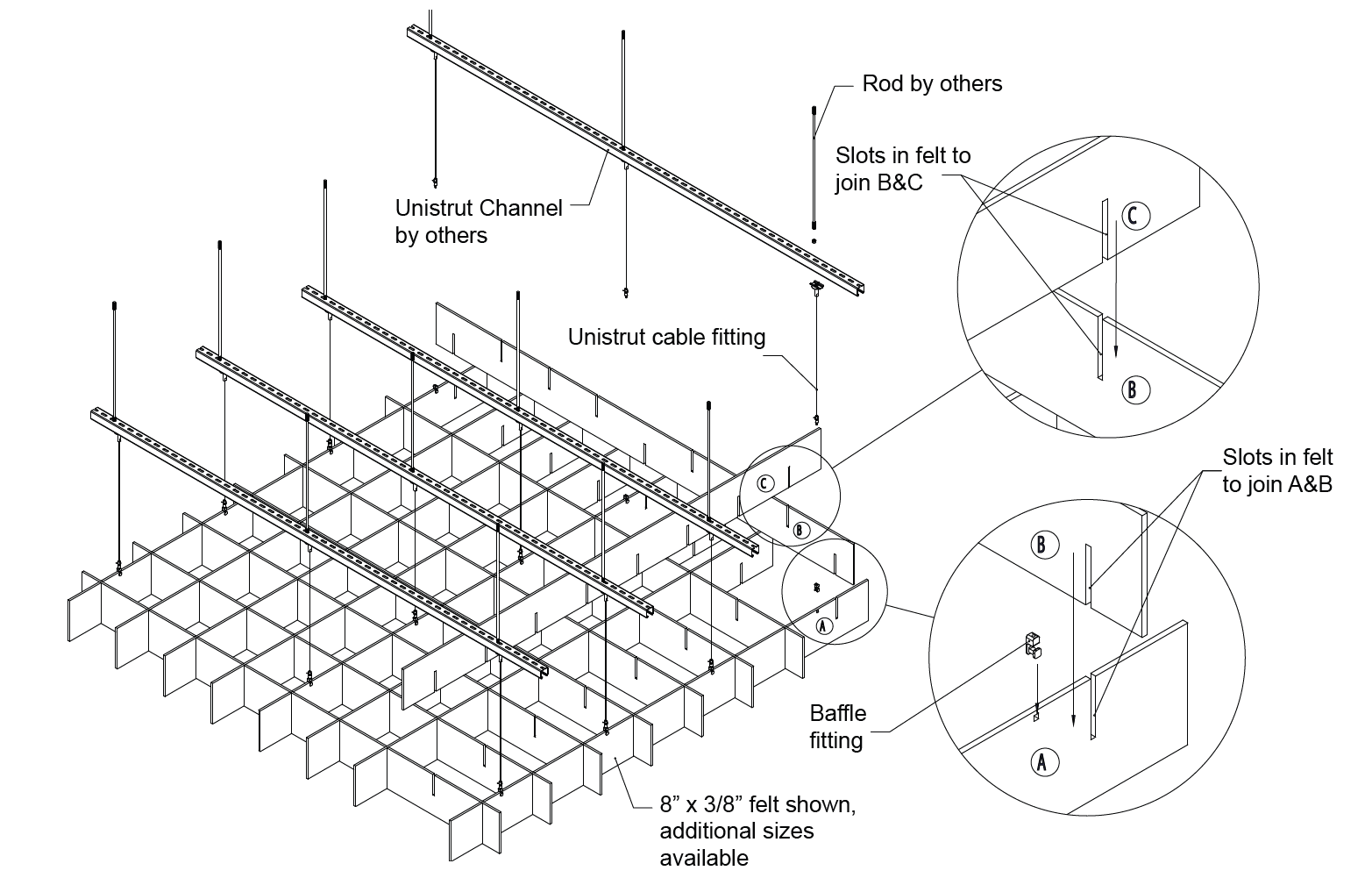 Technical assembly drawing illustrating the Unistrut suspension system and slotted felt joinery for Silentia Networks.