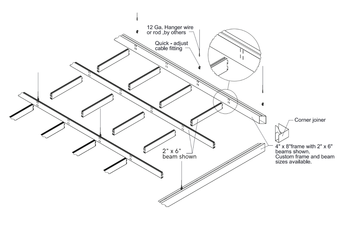 Isometric diagram of suspended ceiling frame with labeled beams, joiners, and cable fittings.
