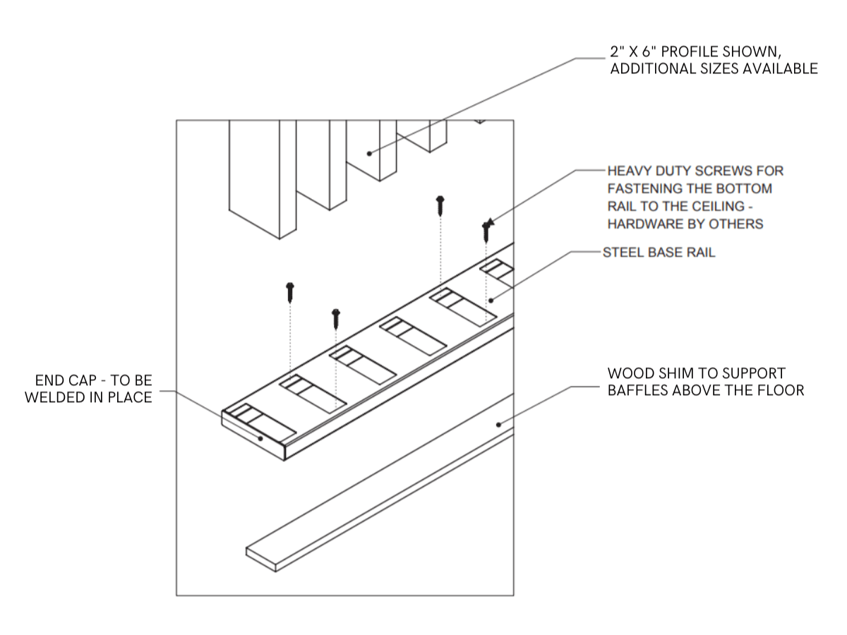 Isometric diagram of ceiling baffle installation with labeled parts and assembly instructions.