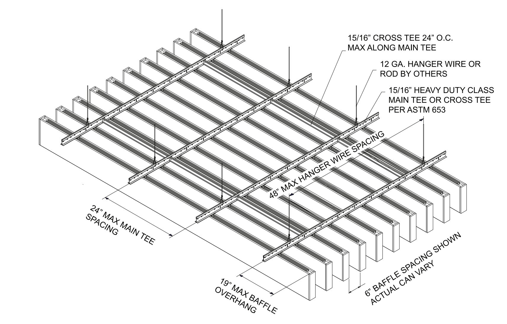 Isometric diagram of ceiling grid system with labeled spacing for tees, hangers, and baffles.
