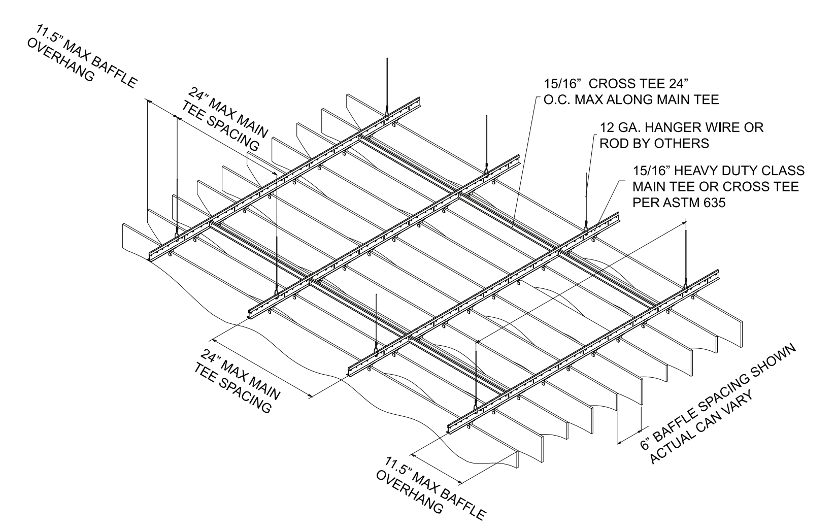 Suspended ceiling grid system diagram with labeled components, spacing, and installation details.