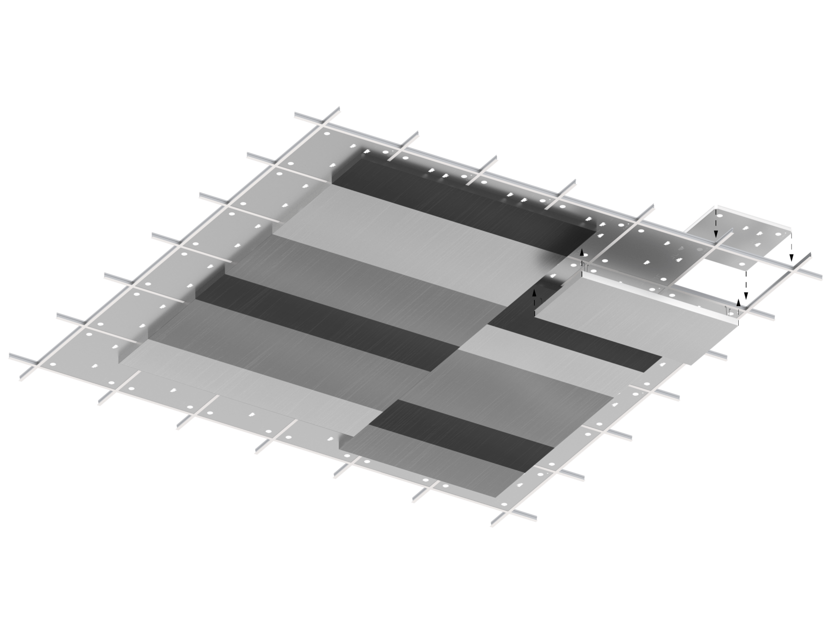 Technical drawing illustrating the Panelform Stacked metal ceiling system in a multi-level 3D assembly.