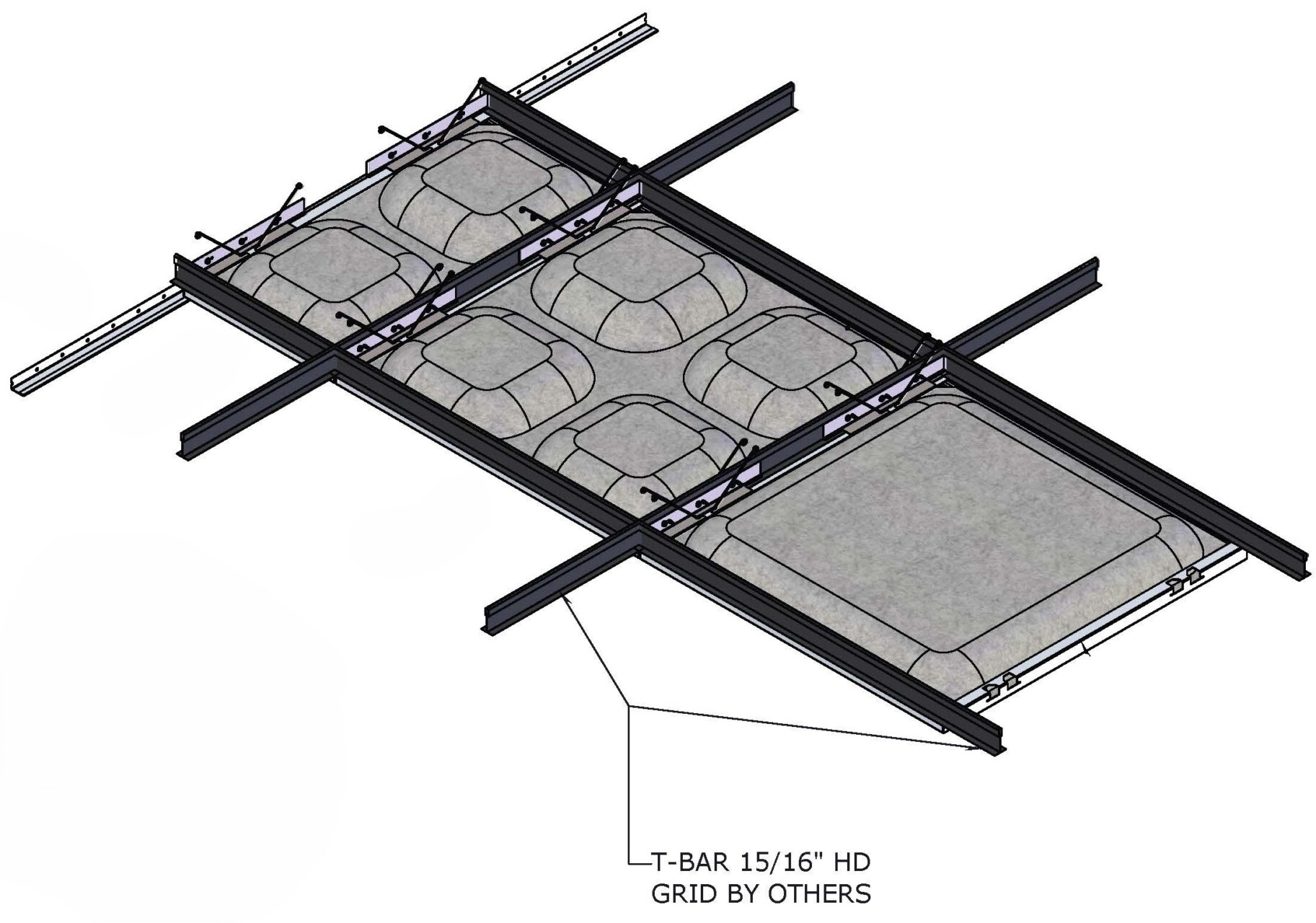 Technical diagram showing a Concave acoustic ceiling tile assembly integrated with a T-Bar grid.