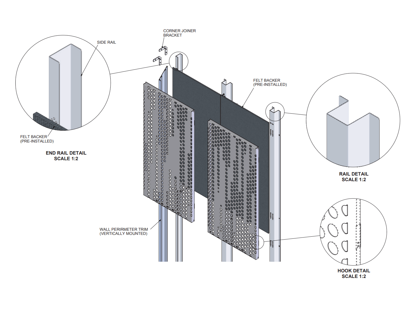 An isometric technical diagram showing the assembly components for a Design Perforated Wall Panel system, including the perforated metal face, pre-installed felt backer, and vertical mounting rails.