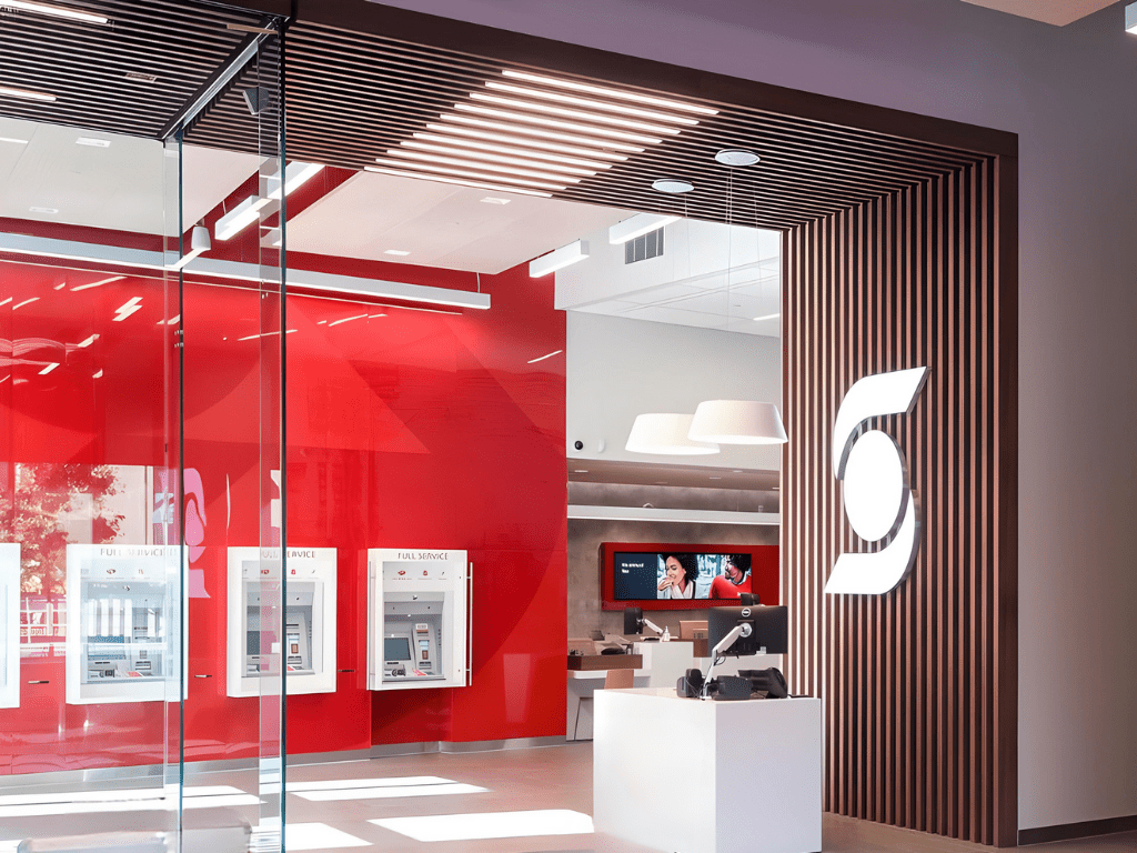 Scotiabank bank branch interior with red accent wall, ATMs, and illuminated bank logo near entrance.
