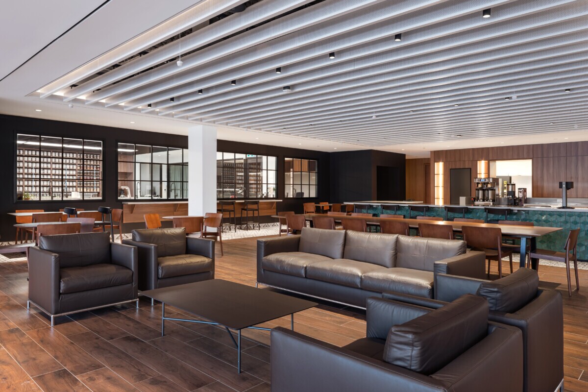 Perspective view of Agilis perforated baffles in the Mother Parkers cafe and dining space.