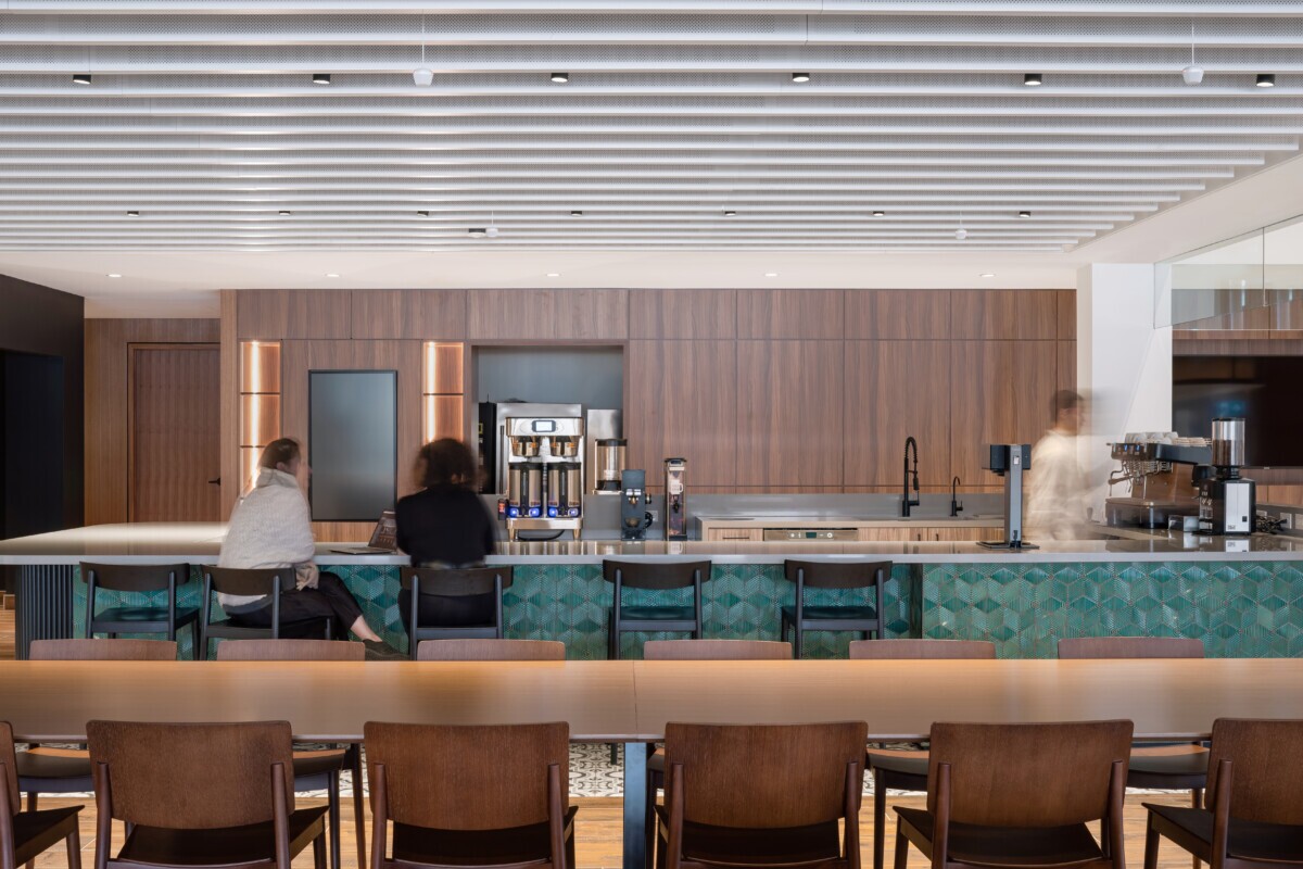 Mother Parkers cafe featuring Agilis perforated baffles and integrated linear lighting.