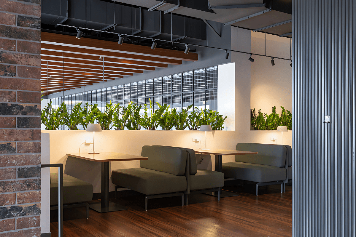 Close-up of Agilis woodgrain ceiling baffles installed at the Mother Parkers office.