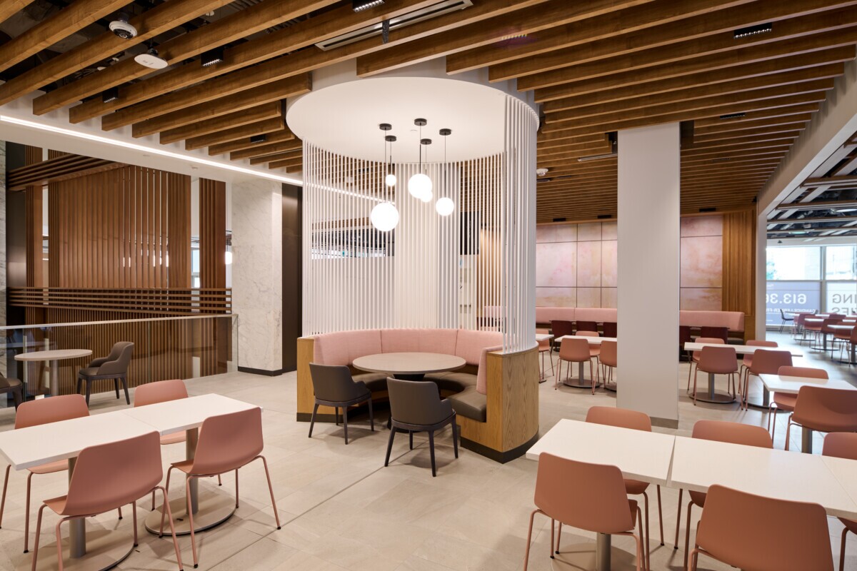 Protero traditional baffles used as wall partitions in a basketweave pattern at World Exchange Plaza