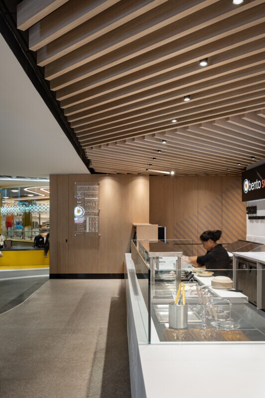 Detailed view of the Agilis traditional baffle ceiling at Bento Sushi.