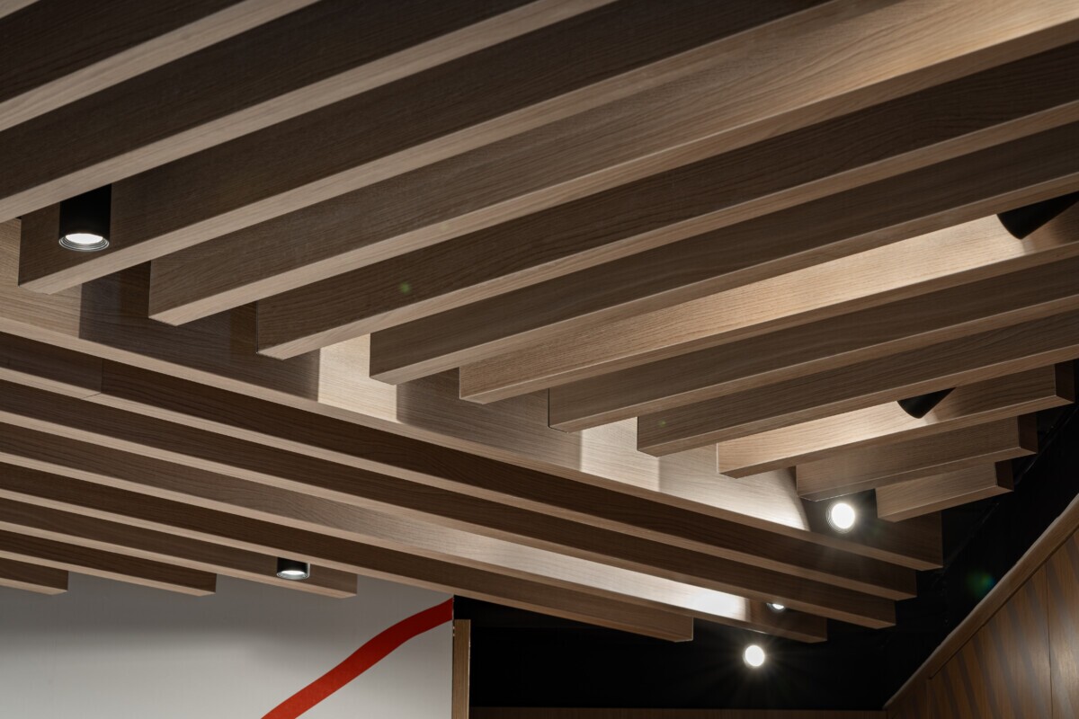 Agilis traditional baffles in wood-look finish at Bento Sushi.