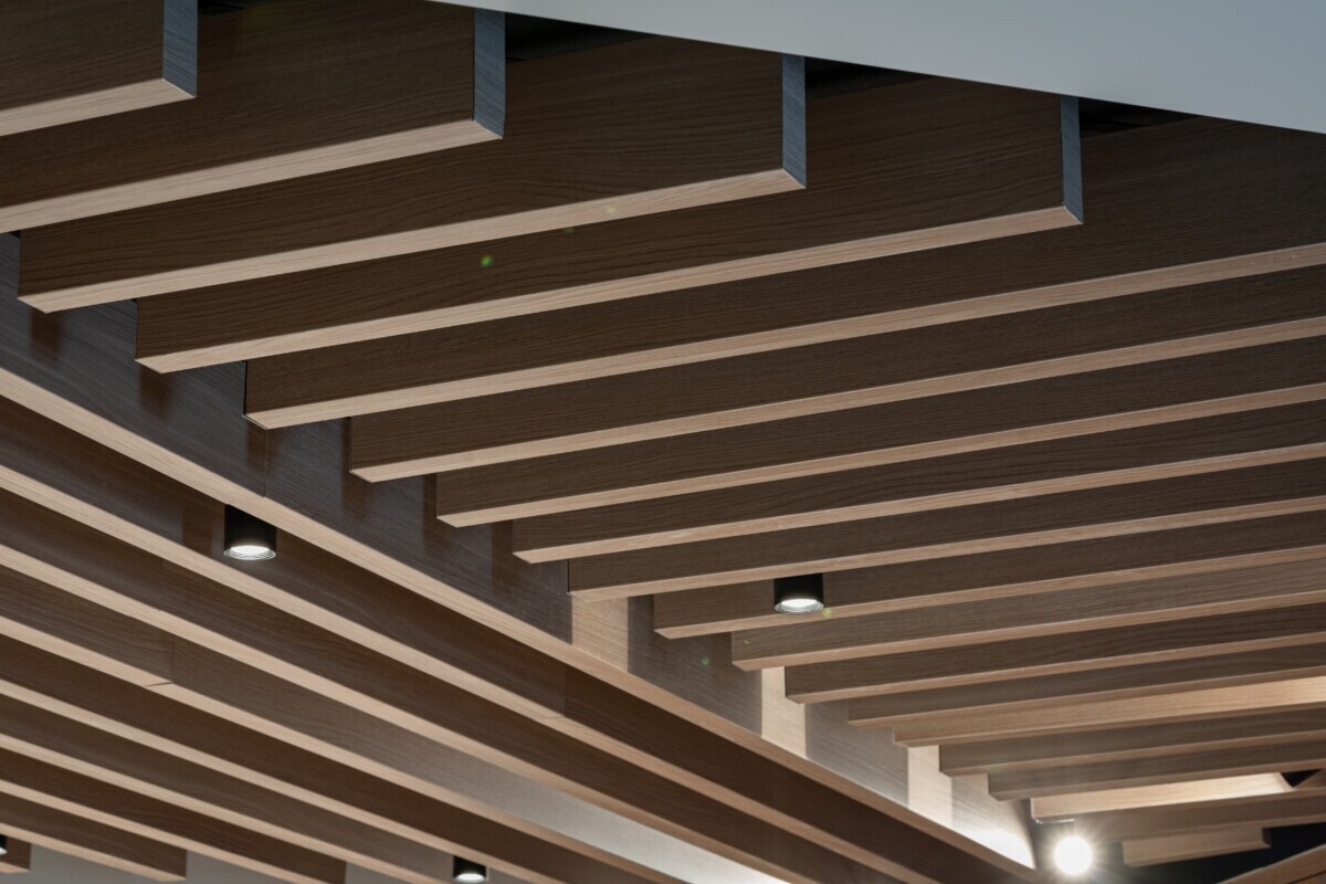 Bento Sushi restaurant interior featuring Agilis traditional wood-look baffle ceiling.