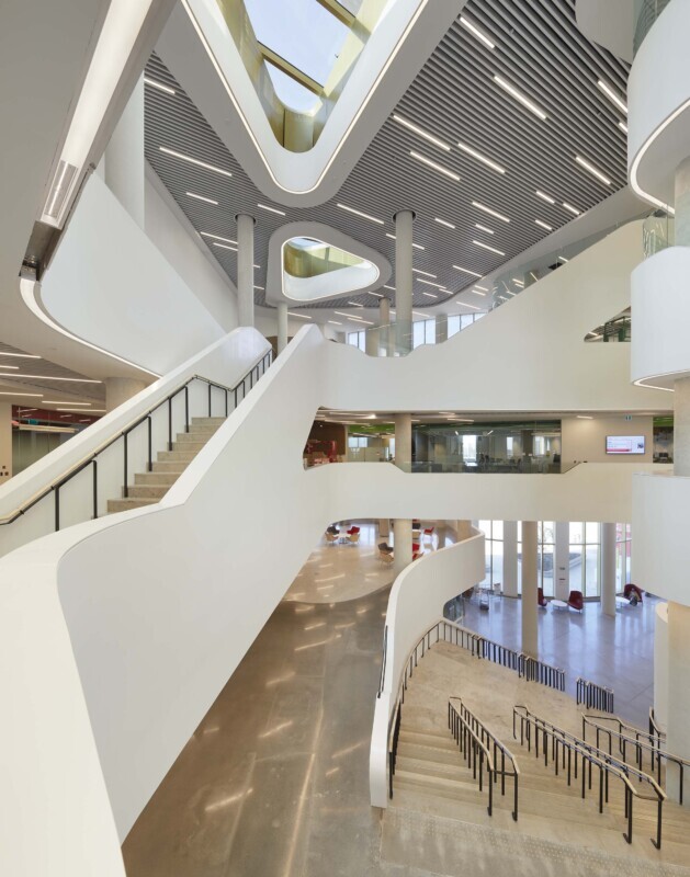 Architectural view of the Agilis perforated baffle ceiling at York University Markham Campus.