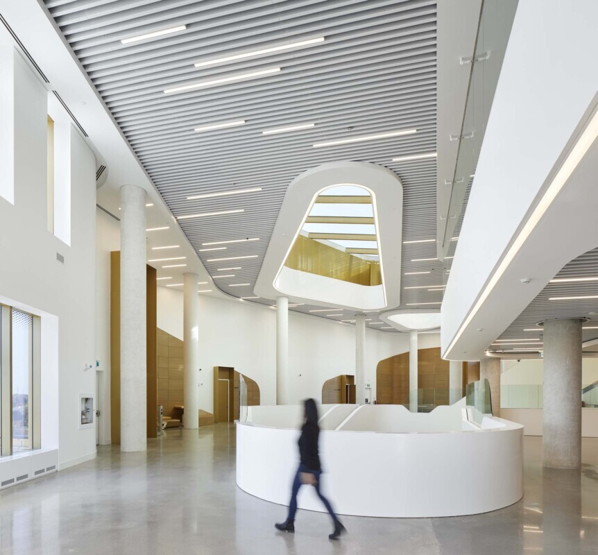 York University Markham Campus hallway featuring a white Agilis perforated baffle ceiling.
