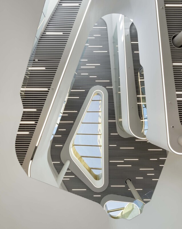 Wide interior shot of York University Markham Campus with Agilis perforated baffle ceiling.
