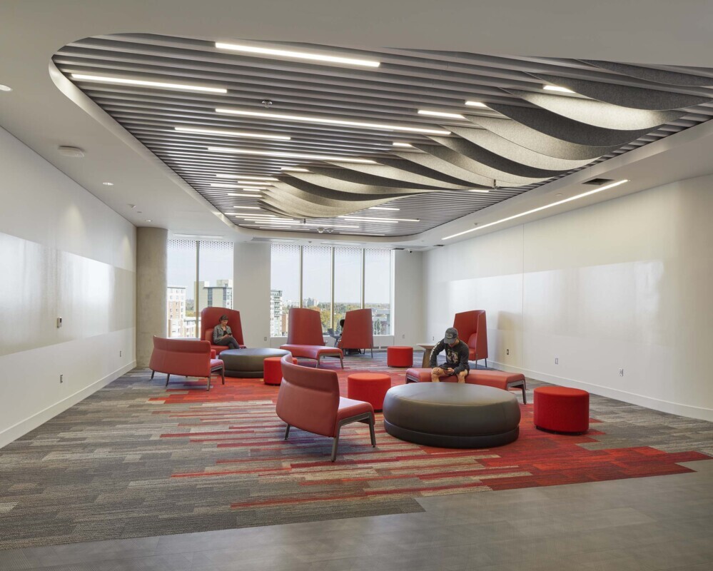 Perspective view of Silentia dimensional felt blades and Agilis baffles at York University.