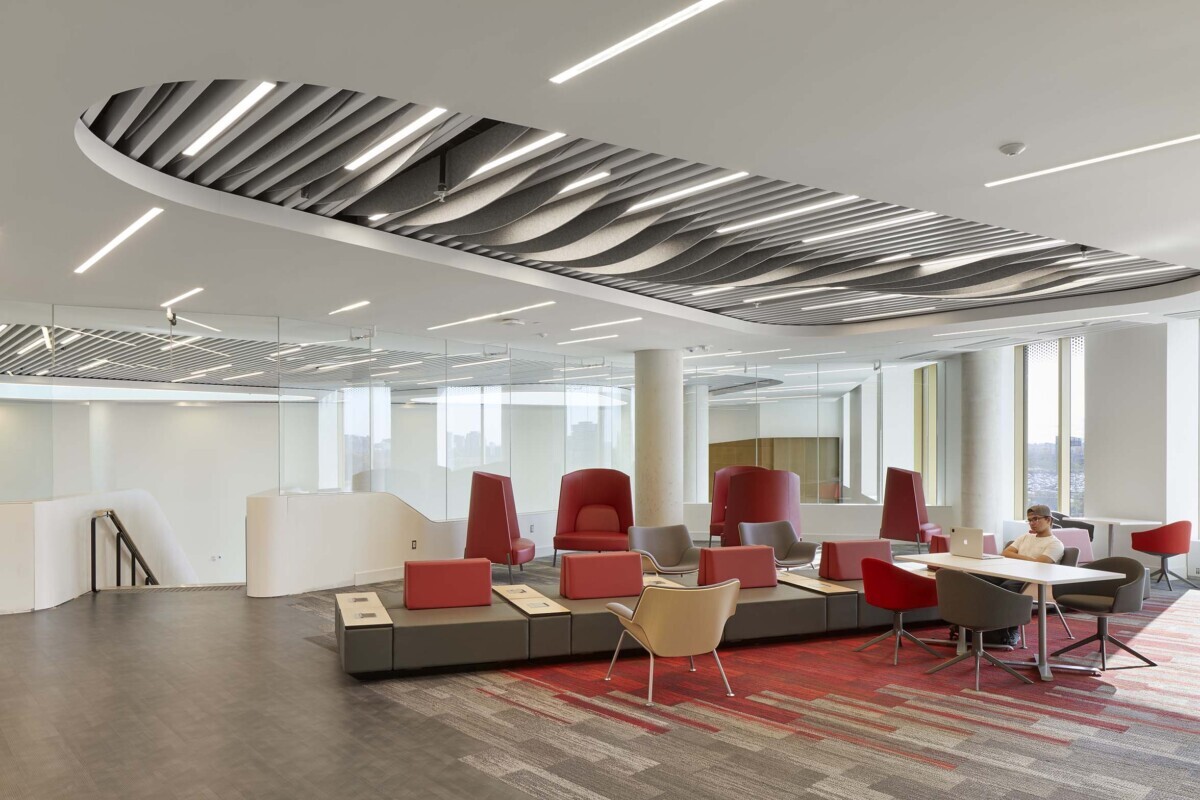 Close-up of Silentia dimensional felt blades installed at York University Markham Campus.