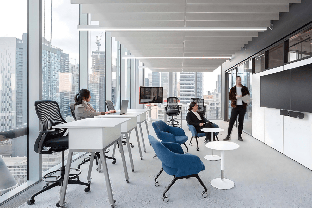Intuit office workspace displaying a Silentia traditional baffle ceiling system.