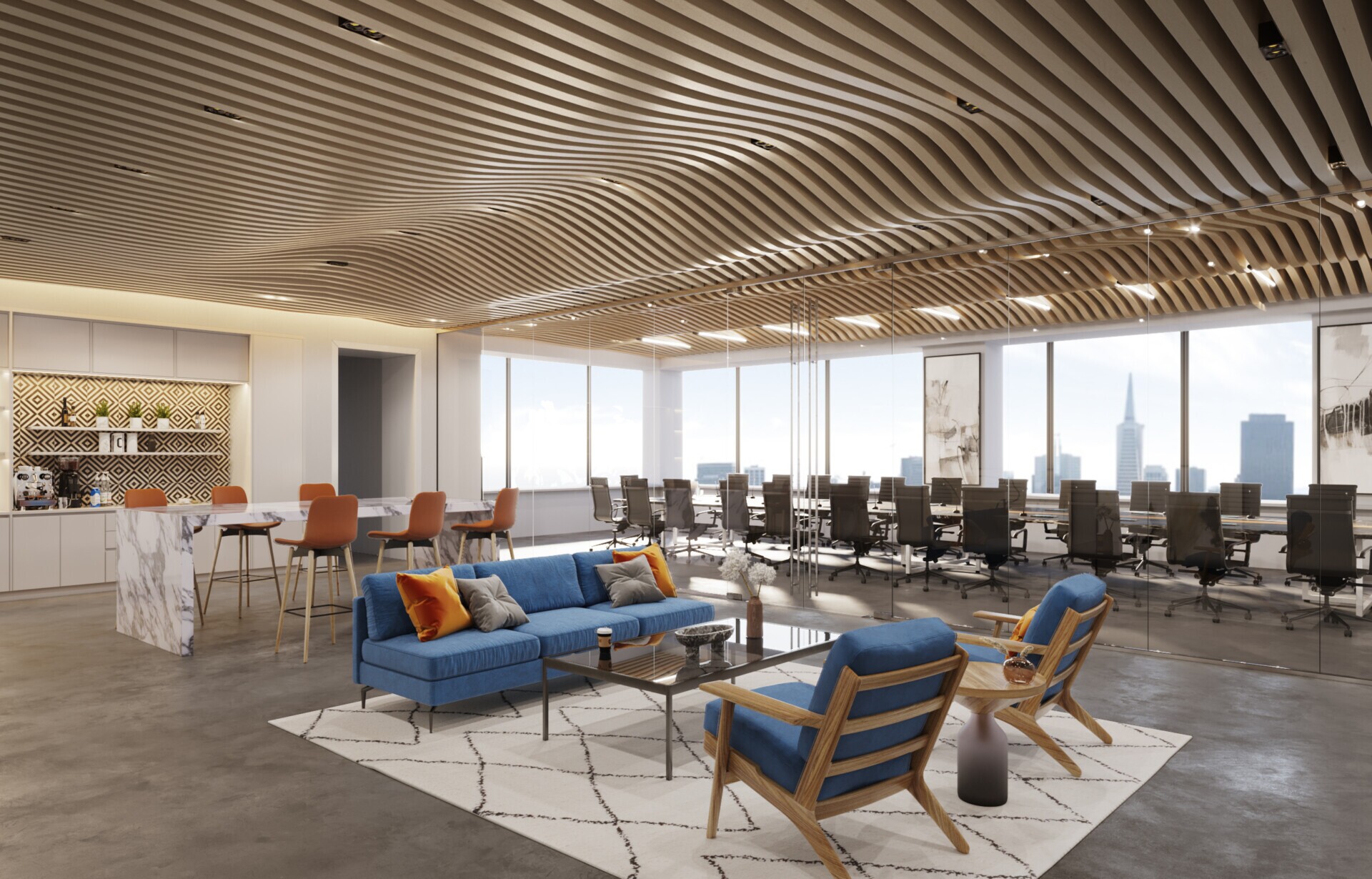 AB San Diego office featuring a Contour custom curved wood baffle ceiling system and lounge.