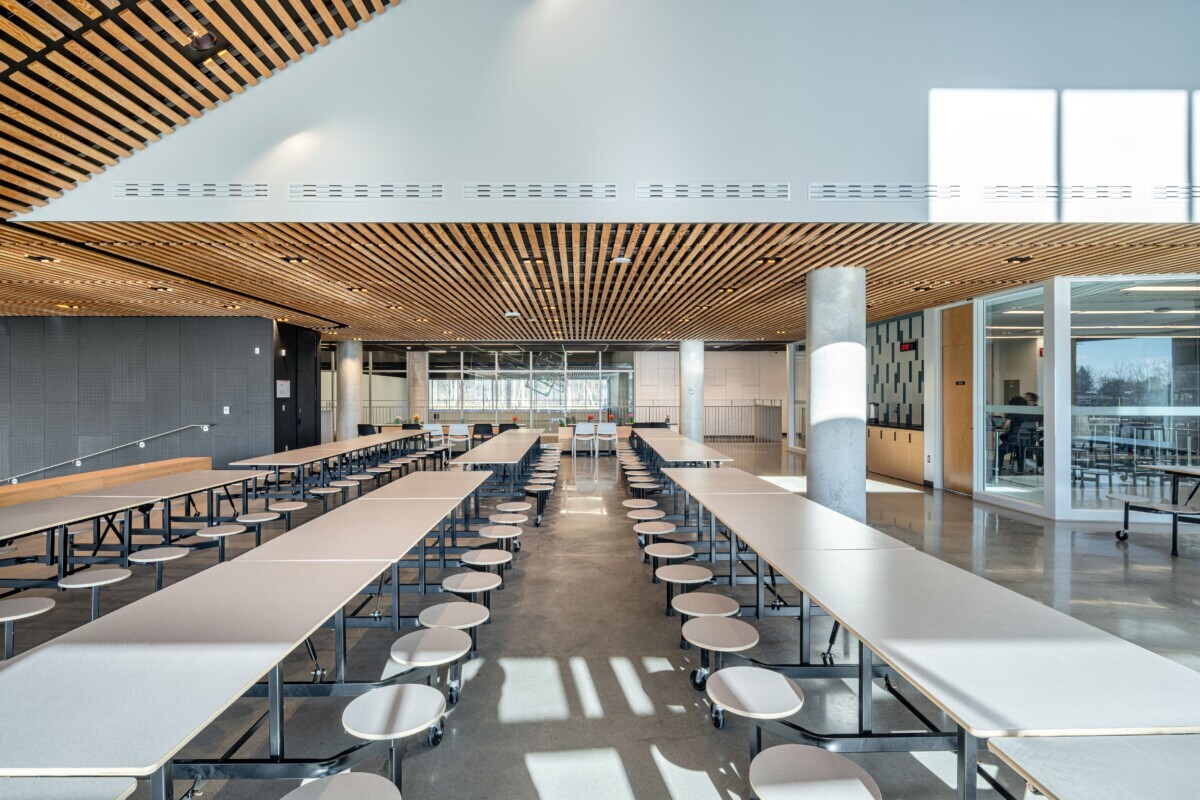 California High School interior photo of a ceiling using Maxxit's custom wood LINE:Form Linear Planks system