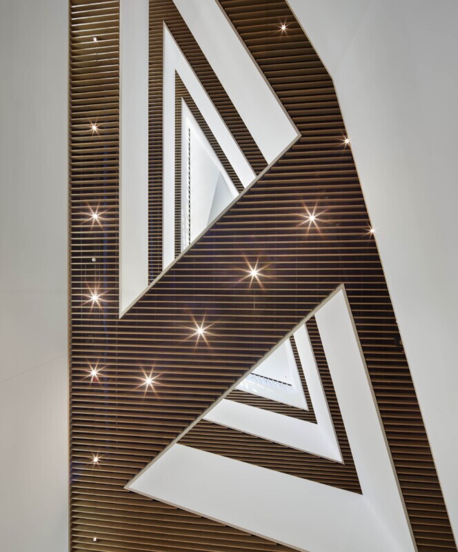 UBC, School of Biomedical Engineering in Vancouver, Canada features Maxxit’s custom LINE:Form Traditional Baffles in wood throughout the interior of the university.