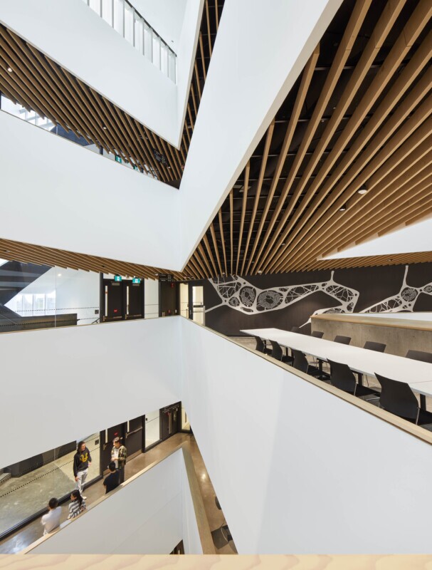 UBC, School of Biomedical Engineering in Vancouver, Canada features Maxxit’s custom LINE:Form Traditional Baffles in wood throughout the interior of the university.