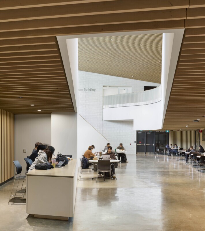 UBC, School of Biomedical Engineering in Vancouver, Canada features Maxxit’s custom LINE:Form Traditional Baffles in wood throughout the interior of the university.
