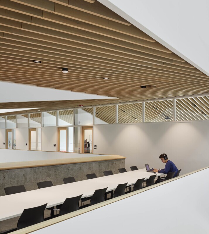 UBC, School of Biomedical Engineering in Vancouver, Canada features Maxxit’s custom LINE:Form Traditional Baffles in wood throughout the interior of the university. This room features the custom ceiling in a long table conference room.
