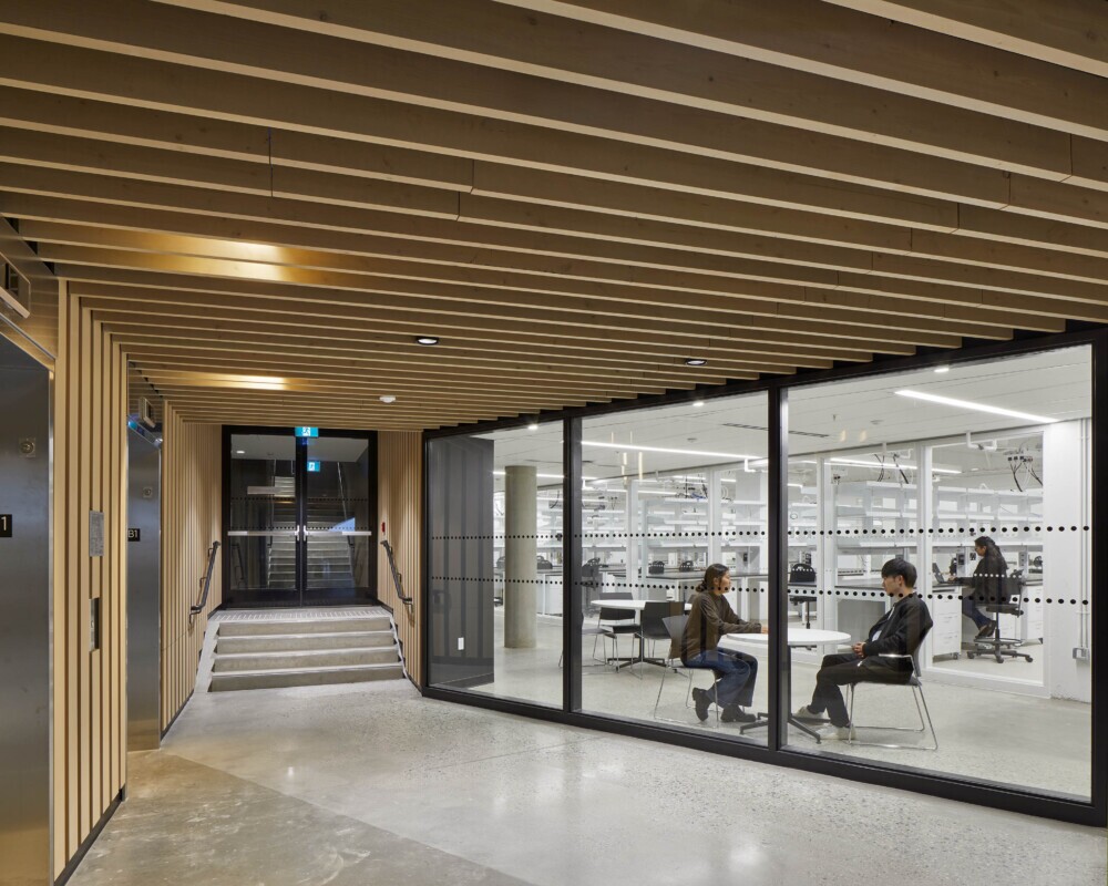 UBC, School of Biomedical Engineering in Vancouver, Canada features Maxxit’s custom LINE:Form Traditional Baffles in wood throughout the interior of the university. This features the panels used on the walls as well.