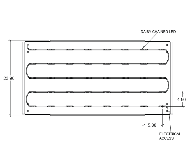 Technical drawing of LED panel with labeled daisy-chained LEDs and electrical access points.