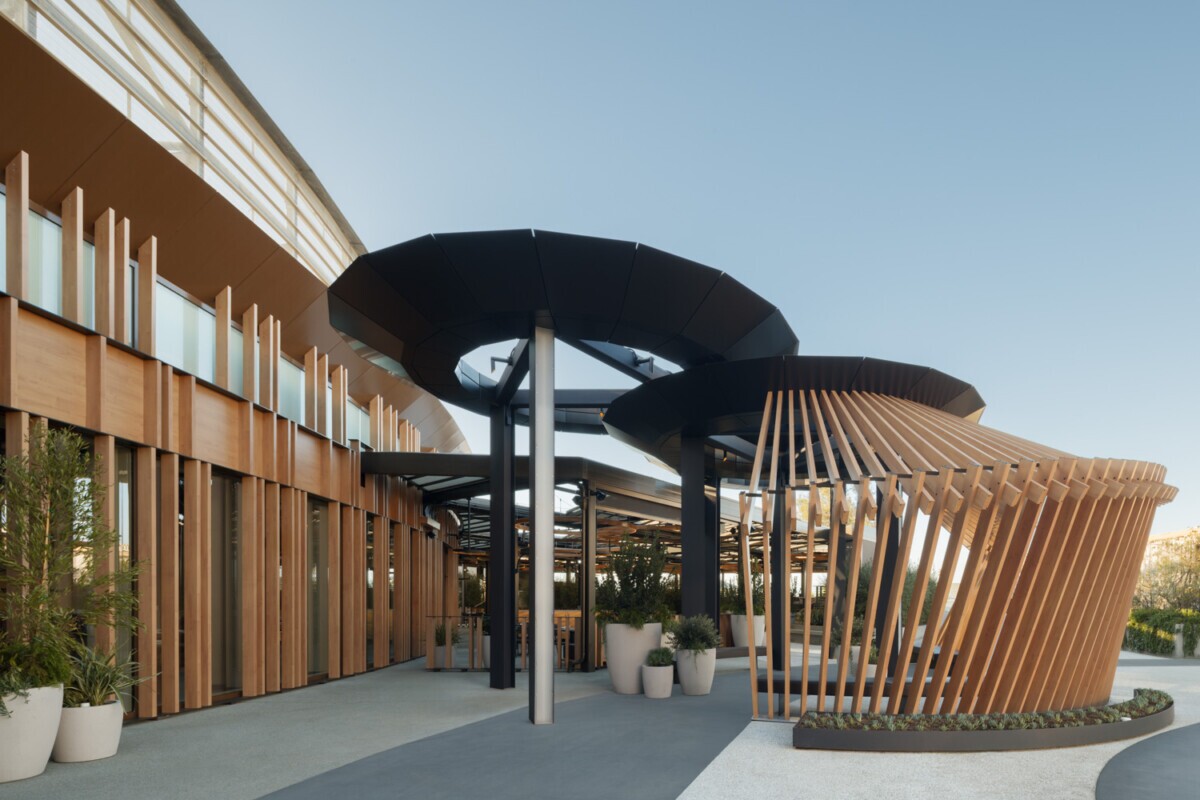 View of the exterior of Din Tai Fung restaurant in Santa Monica, California. Showcasing Maxxit's circular exterior wall fins.