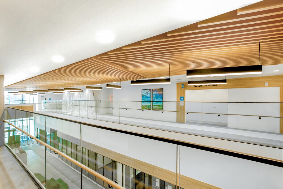 Maxxit's LINE:Form Traditional Baffles finished in Champagne Pine at Covenant Health Centre in Edmonton, Canada