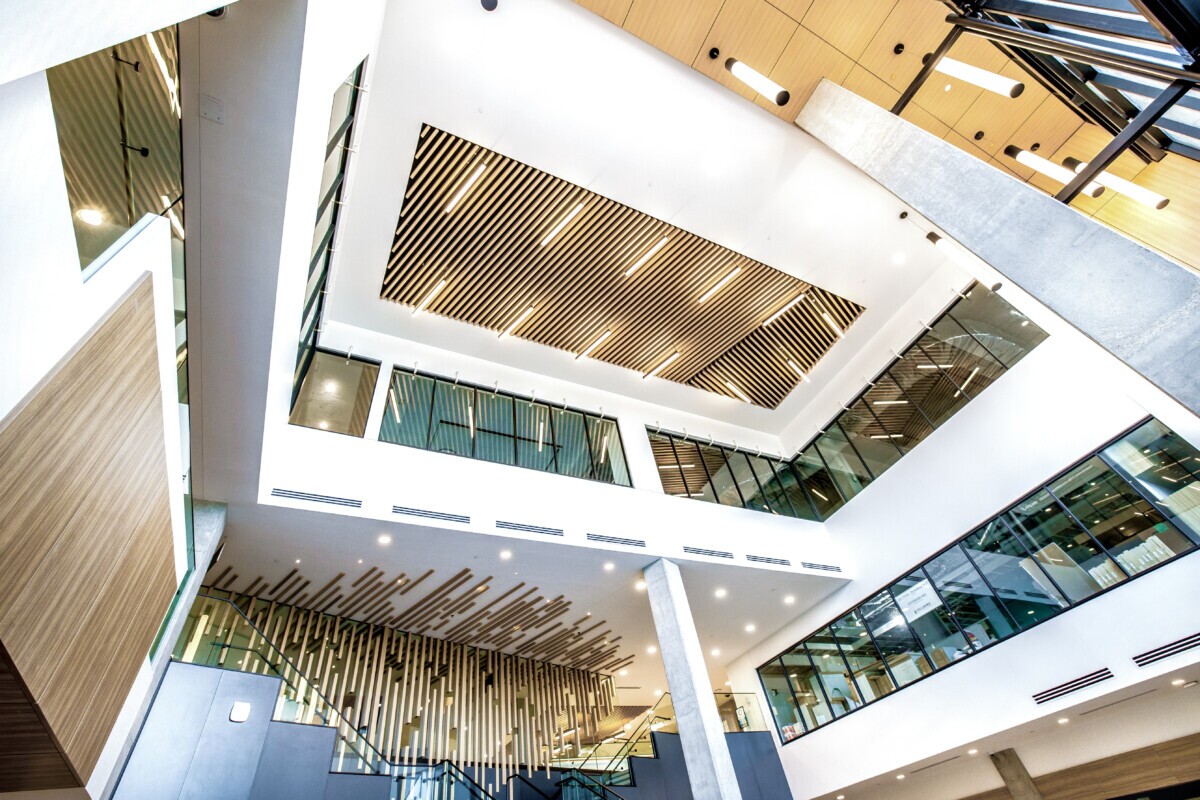 Maxxit's LINE:Form Traditional Baffles ceiling system finished in Champagne Pine at Covenant Health Centre in Edmonton, CA