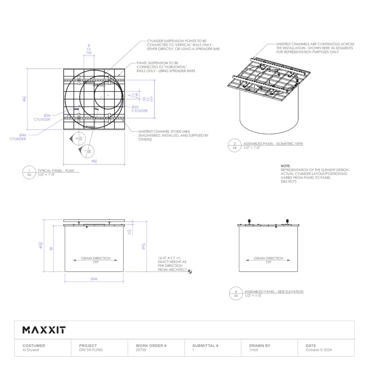Maxxit technical drawing for Din Tai Fung suspended wood cylinder ceiling system.