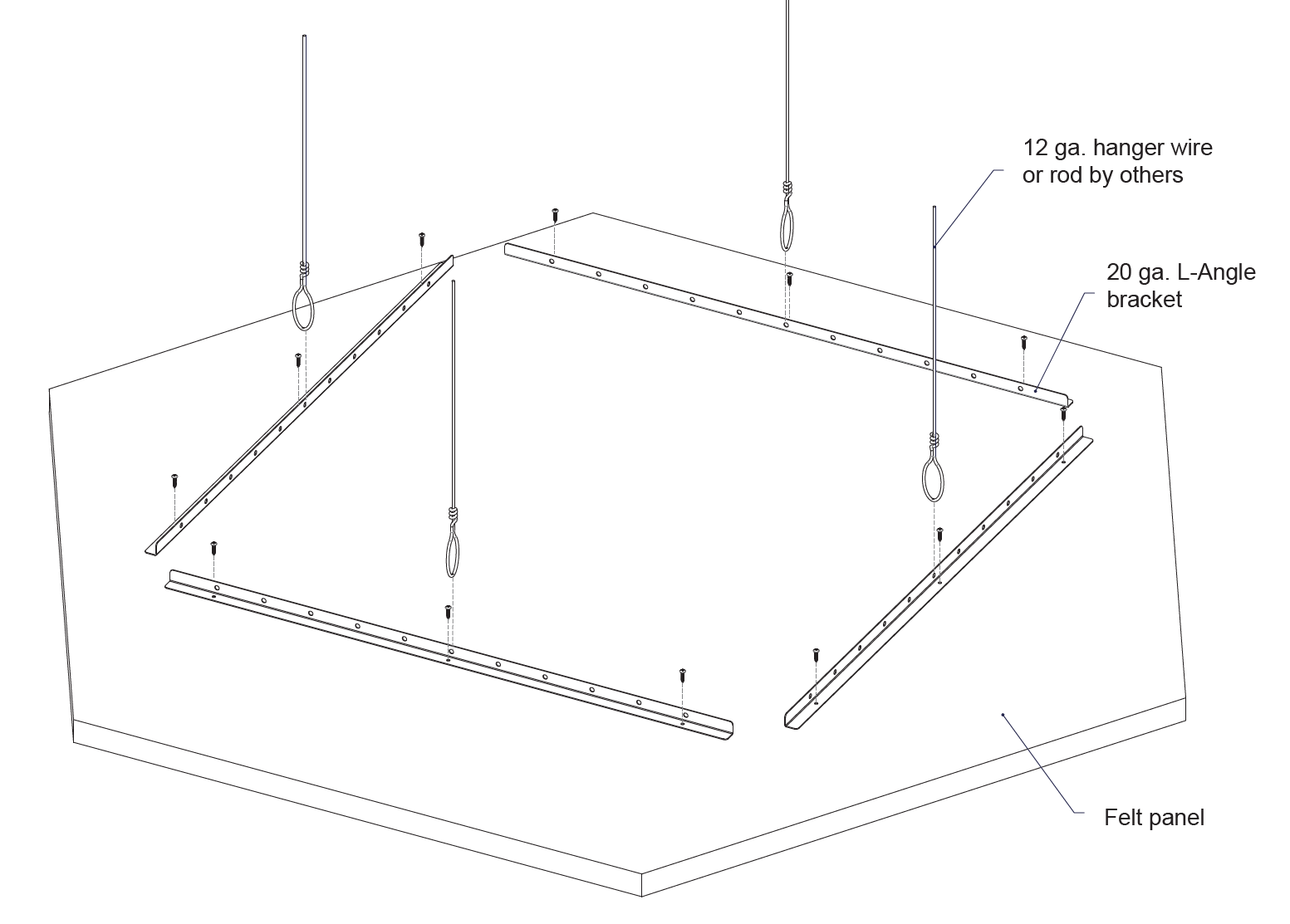 Technical assembly drawing illustrating the L-Angle bracket and hanger wire suspension for Silentia Clouds.