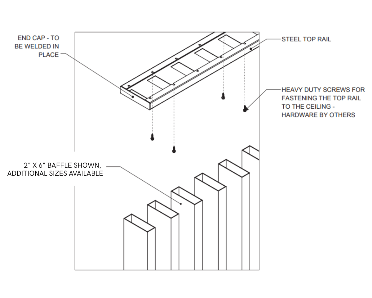 Diagram of a steel top rail with baffles, end cap, and labeled installation instructions.
