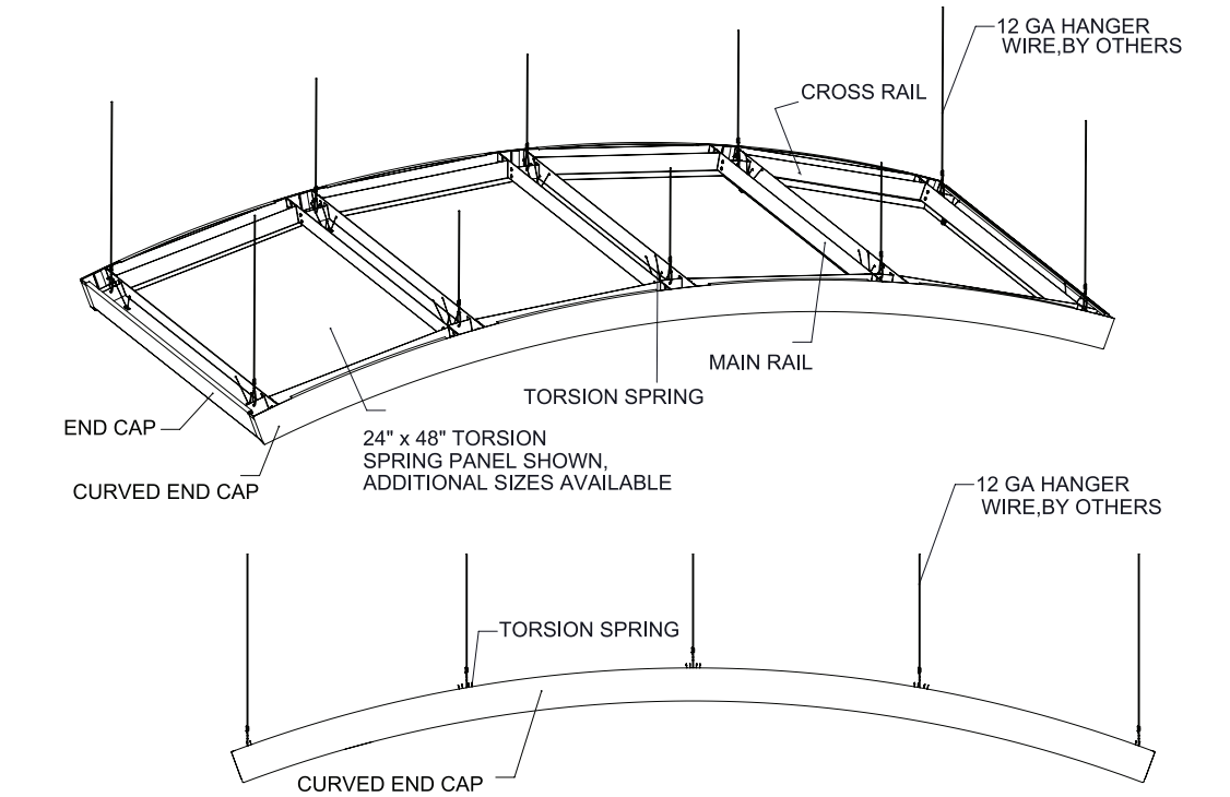 Technical isometric and profile diagrams for a Segmented Panel Suspension system