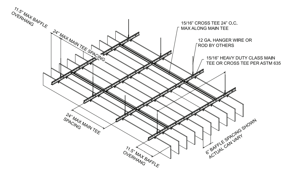 Technical isometric diagram of a Traditional Blade Baffle assembly showing the installation specifications for the grid, hangers, and acoustic baffles.