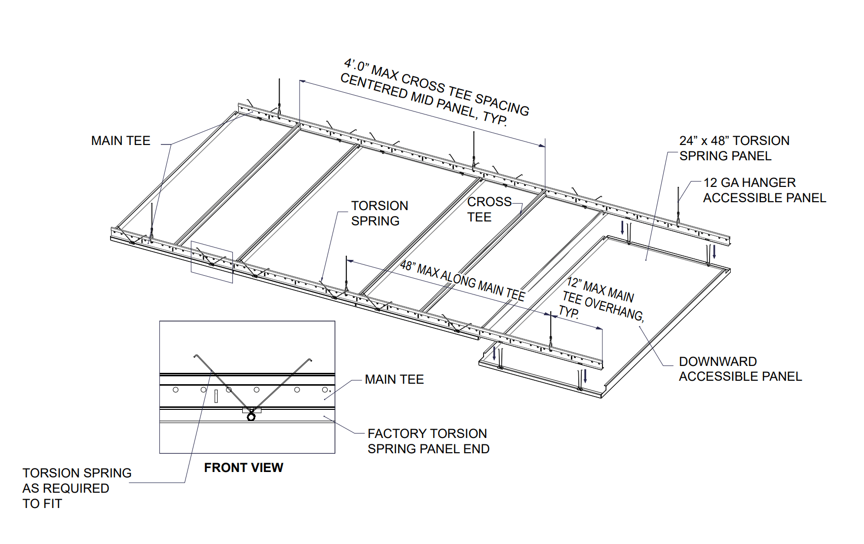 Suspended ceiling grid system diagram with labeled tees, cross tees, torsion springs, and accessible panels.